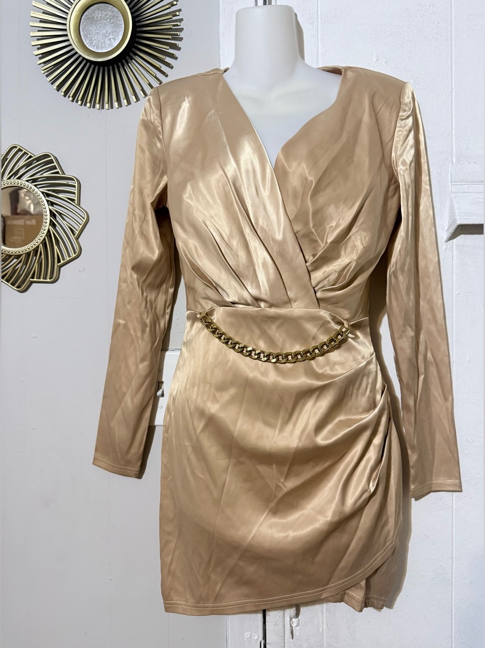 privy Taupe Satin Long Sleeve Wrap Dress with Gold Chain